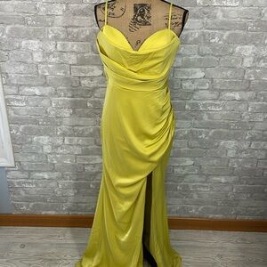 Maniju Serenella Satin Cowl Neck Front Slit Maxi Dress